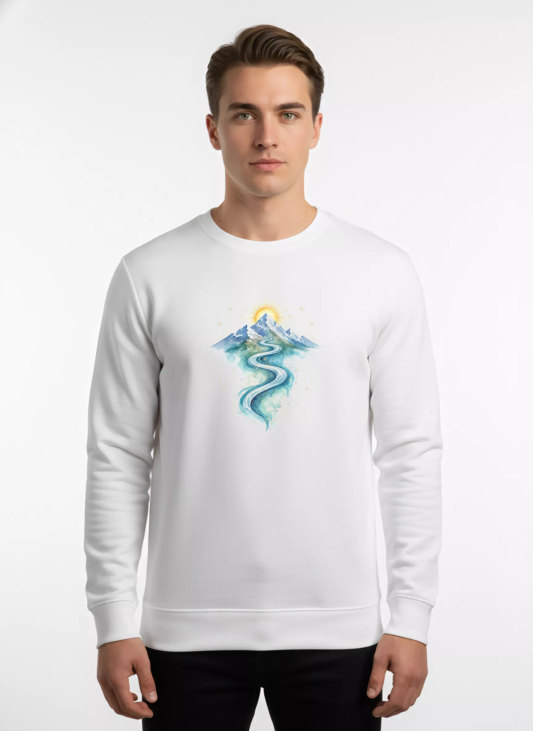 Himalaya & Ganga River Graphics Crewneck Sweatshirt - Sacred Nature | Sanaatani