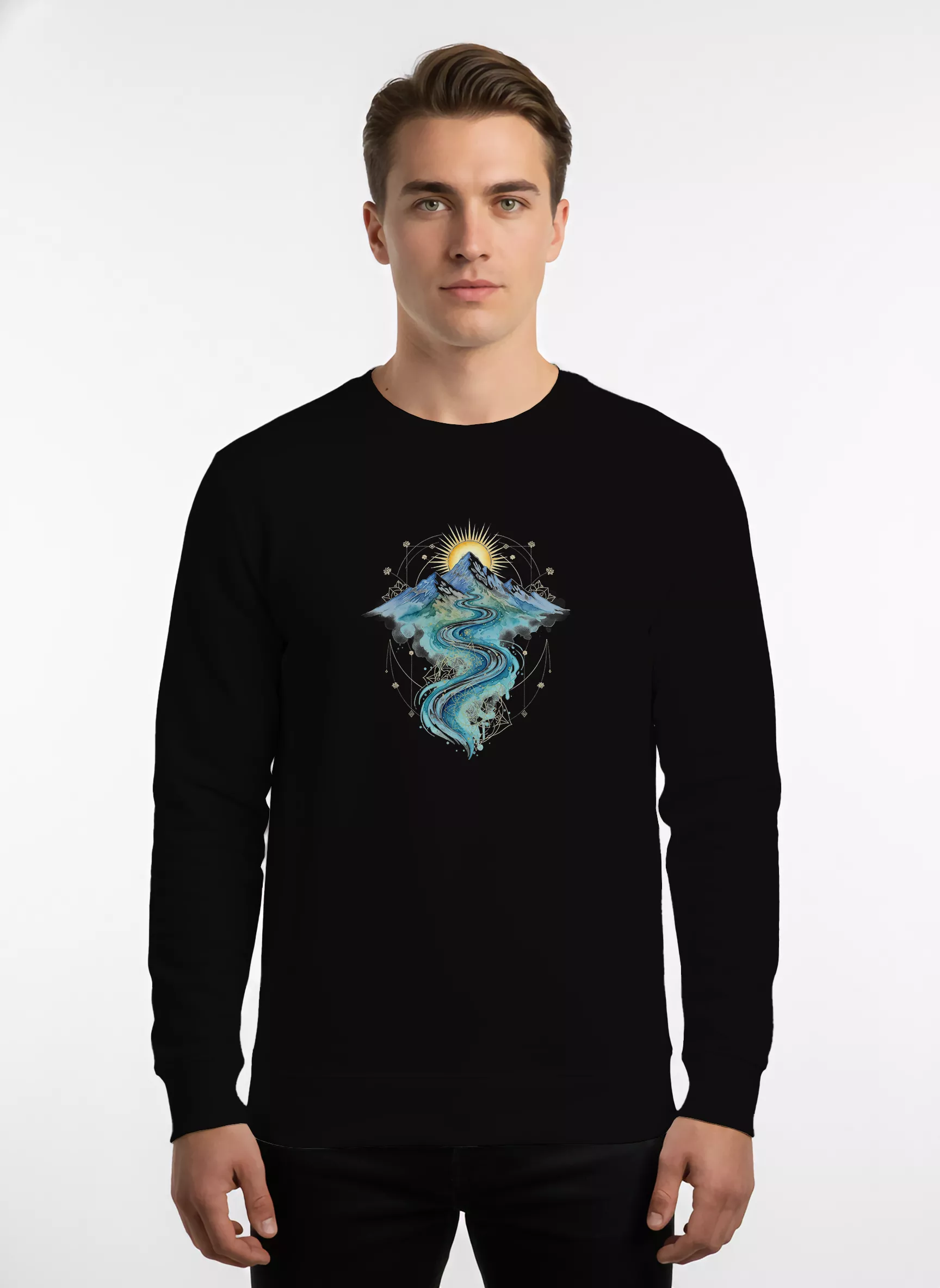 Himalaya & Ganga River Graphics Crewneck Sweatshirt - Sacred Nature | Sanaatani - Image 3